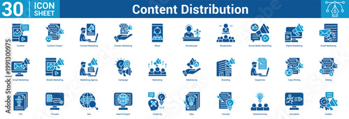 Content Distribution editable icon set vector illustration concept for business with icon of Content, Content Creator, Content Marketing, Content Marketing, Share, Broadcaster, Broadcaster, Socia.