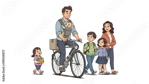 Family Outing: Illustration of a family embarking on their day with smiles. A father rides a bike with a baby in a carrier and a box, while the mother and children walk happily beside him.