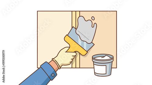 Gloved hand applying adhesive with brush to panel seam. DIY home repair, construction, renovation, or sealing concept.