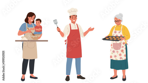 Diverse Culinary Characters: Mother & Child, Professional Chef, and Grandmother Baking Illustrations