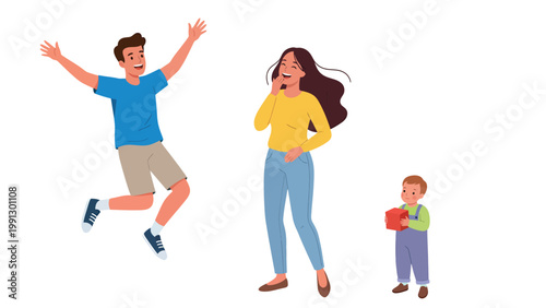 Happy Family Cartoon Illustration with Diverse Emotions: Joyful Man, Laughing Woman, and Child with Gift