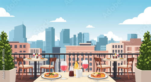 Rooftop patio dining area with breakfast plates, wine glasses, and bottles on tables overlooking an urban city skyline with skyscrapers and clouds in a flat vector style.
