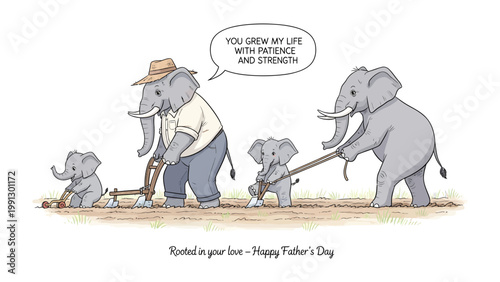 Rooted in Love: A heartwarming illustrated Father's Day scene features a family of elephants, depicting the nurturing bond between a father and his children.