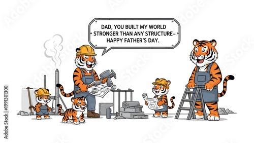 Father's Day Tigers' Construction: A heartwarming Father's Day scene features a family of tigers, working together to build a structure, symbolizing strength and family bonds.