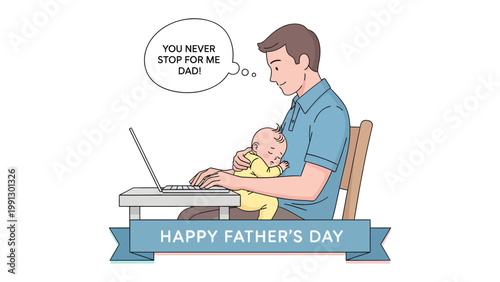 Fatherhood and Devotion: A loving father balancing work and childcare on Father's Day, symbolizing modern fatherhood and devotion. 