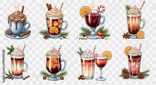 Watercolor set of festive winter drinks including hot chocolate, coffee lattes and mulled wine with whipped cream, cinnamon sticks, orange slices, candy canes and pine decorations.