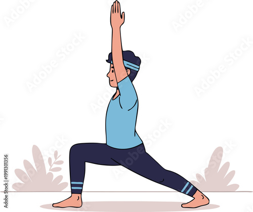 Yoga Pose Man Doing Warrior Pose Exercise for Fitness and Wellness