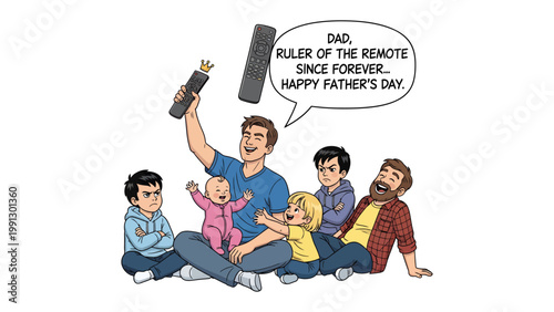 Father's Day Dedication: A joyful scene depicting a father, the Ruler of the Remote, surrounded by his children, celebrating Father's Day.