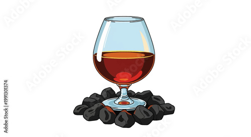 Vector illustration of a glass snifter filled with amber brandy or cognac resting on a base of black charcoal pieces, isolated on a white background for graphic design.