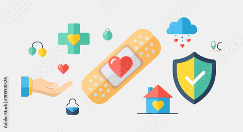 Medical care and health protection icons with adhesive bandage and heart symbol.