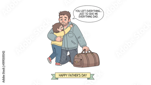 Father's Day Sentiment: A heartwarming illustration captures a tender embrace between a father and child, a poignant moment of love and appreciation.