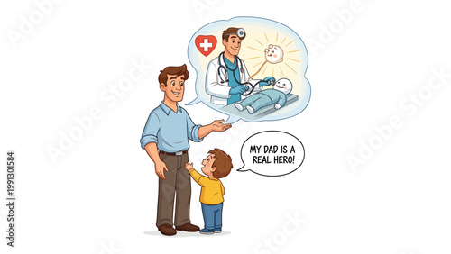 Father's Medical Legacy: A young boy looks up to his father, a doctor, as an emblem of heroism and dedication. This illustration tells a story of familial pride, medical care, and community service. 
