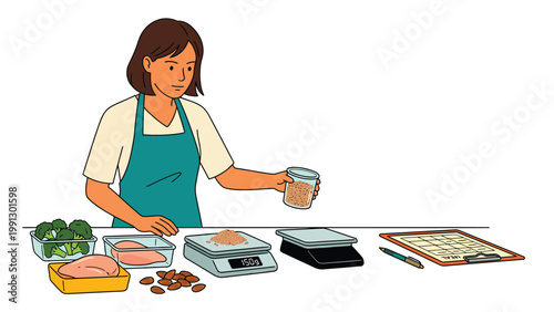 Woman weighing ingredients for healthy meal preparation and nutrition planning, focusing on portion control and balanced diet