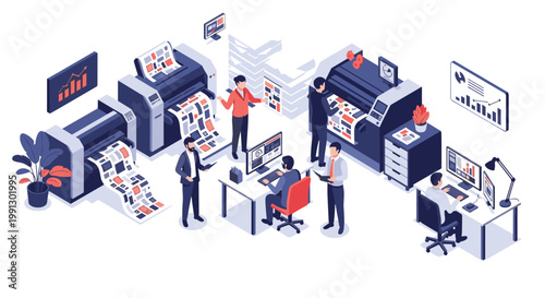 Busy commercial printing facility with large format printers, workers managing production, and stacks of finished paper products.