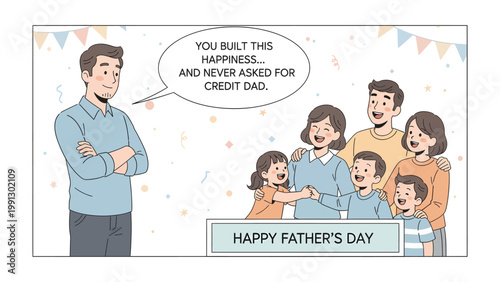 Father's Day Warmth: A heartfelt illustration captures a father's influence, with a family united in celebration and appreciation. A celebration of paternal love, sacrifice.