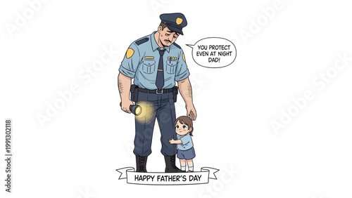Guardian Angel: A heartwarming scene unfolds as a police officer stands as a symbol of protection, reassuring a young child with a bright flashlight, a tribute to Father's Day. 