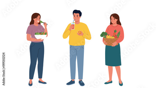 Healthy Eating & Lifestyle: Diverse Group with Fresh Fruits, Vegetables, Salad, and Smoothies for Wellness