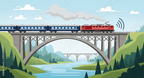 Modern train crossing a large bridge over a river in a scenic landscape.