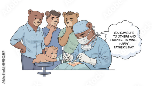 Father's Day surgical Illustration: A bear doctor in the operation room. a baby bear on surgical bed and the other bear family is watching.
