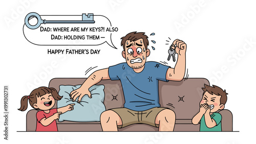 Father's Day Mishap: A comical scene unfolds as a father frantically searches for his keys, oblivious to the fact that he's already holding them, while his playful children share a moment of laughter.