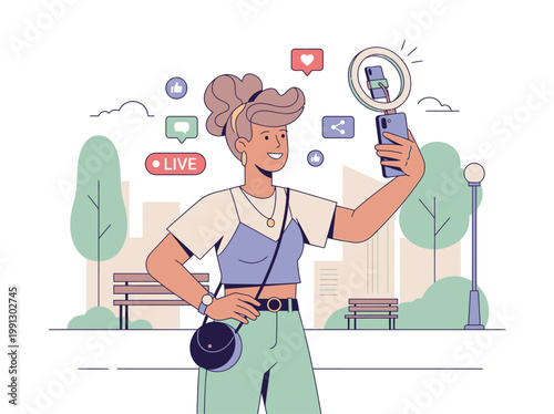 A young female social media influencer recording a live video with a ring light and smartphone in a city park.