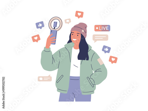 A young female social media influencer recording a live stream video with a ring light and smartphone.