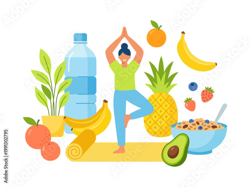 Healthy Lifestyle Illustration with Yoga and Nutritious Food.