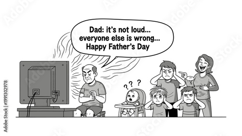 Father's Day Scene: A humorous cartoon captures a Father's Day scene with a stressed father enjoying media amidst the noise of the family. 