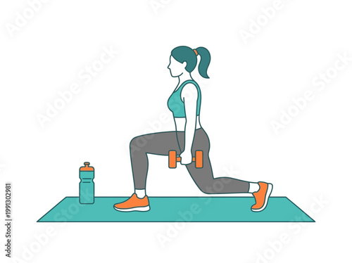 A young woman doing lunges with dumbbells on a yoga mat.