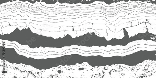 Abstract monochrome texture with flowing wavy distortion lines across the top and dense cracked, rocky patterns below, resembling eroded terrain or seismic layers, distressed grunge style background.