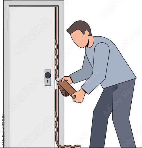 Man installing weatherstripping seal on door frame for energy efficiency illustration