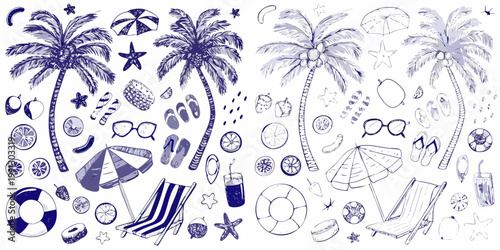 Tropical summer elements palm trees beach accessories and fruits illustration