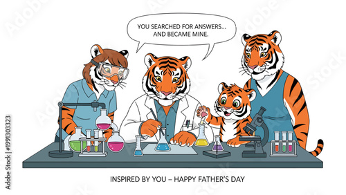 Tiger Family Science Day: A heartwarming depiction of a tiger family engrossed in scientific exploration, experimenting with beakers and a microscope, as they celebrate father's day. 