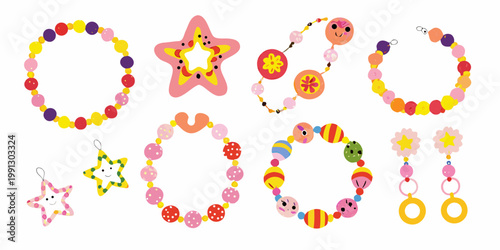 Colorful handmade jewelry and beaded necklaces arranged on a white background