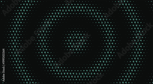 Abstract dark teal glitch typography radar background. Concentric pixel circles, hacking code rings, digital halftone dots, center target. For cyber security cover. Vector art.
