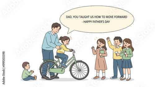 Father's Day Learning to Ride: A heartwarming illustration of a father teaching his daughter to ride a bike, celebrating the spirit of Father's Day with a focus on family bonding, personal growth.
