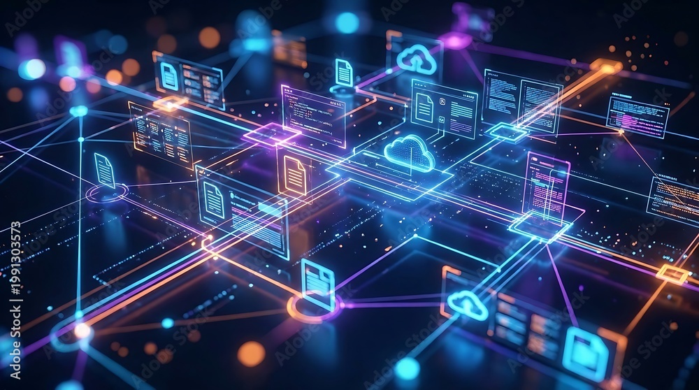 Fototapeta premium Futuristic abstract digital data network with glowing cloud computing icons and high tech information connection lines, technology
