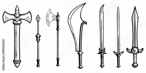 A collection of various medieval weapons including swords and axes