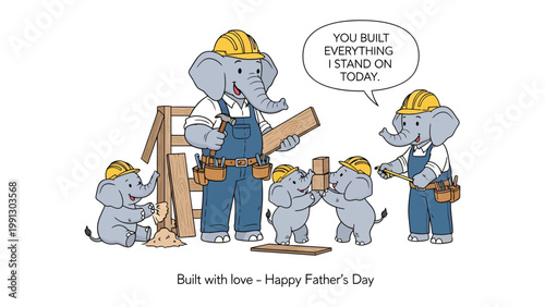 Father's Day Construction: A heartwarming illustration of a family of elephants working together, building something new in a symbol of the bond and construction of love and fatherhood.