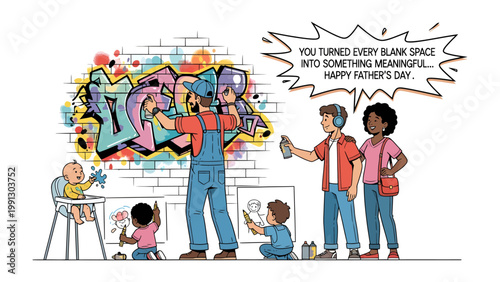 Family Painting Graffiti: A heartwarming scene unfolds as a family engages in artistic expression, collaboratively painting a vibrant graffiti mural on a brick wall.