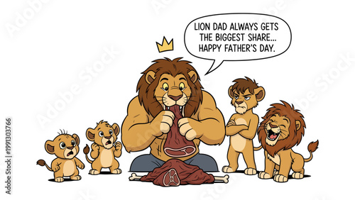 Lion Dad's Feast: A cartoon captures the essence of Father's Day, with a strong lion, his mane a golden crown, enjoying the biggest portion of the meal while his cubs watch with a mix of expressions.