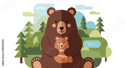 Illustration of a mother bear hugging her baby cub.