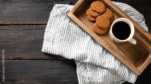 Coffee and Cookies on Wooden Tray.