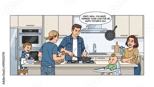 Father's Day Feast: A heartwarming family scene unfolds in the kitchen as a father prepares a meal. His children watch, filled with warmth. Capturing the spirit of togetherness and familial love. 
