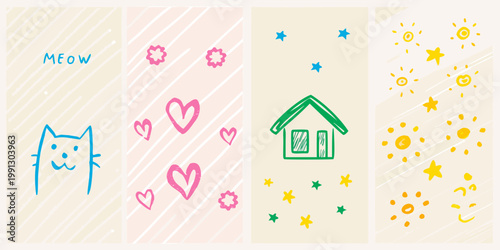 Colorful hand drawn illustrations of a cat house hearts and stars