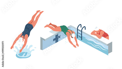 Flat vector illustration of people swimming, diving, and relaxing by a pool. Summer aquatic sports and leisure activities.