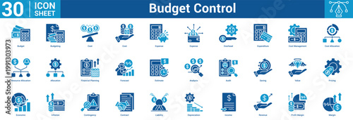 budget control editable icon set containing cost, expense, overhead, expenditure, management, allocation, resource, financial, forecast, estimate, analysis, audit, and more.