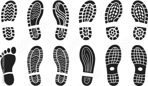 "Set of Footprint Icons Featuring Shoe and Barefoot Patterns for Travel, Fitness, and Directional Designs"