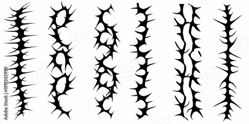 Black and white illustration of stylized thorn or bramble patterns