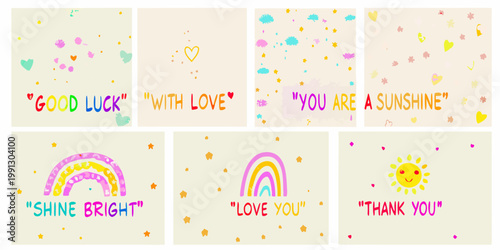 Colorful cards with positive messages and playful doodle illustrations